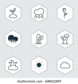 Set Of 9 Ecology Icons. Includes Raindrop, Cactus, Plant And Other Symbols. Beautiful Design Elements.