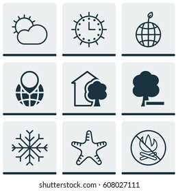 Set Of 9 Ecology Icons. Includes House, Clear Climate, Snow And Other Symbols. Beautiful Design Elements.