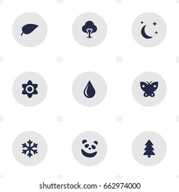 Set Of 9 Ecology Icons Set.Collection Of Foliage, Bloom, Midnight And Other Elements.