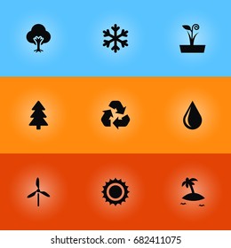 Set Of 9 Ecology Icons Set.Collection Of Conservation, Tree, Isle Beach And Other Elements.