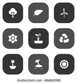 Set Of 9 Ecology Icons Set.Collection Of Isle Beach, Wind Energy, Tree And Other Elements.