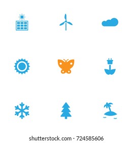 Set Of 9 Ecology Icons Set.Collection Of Moth, Green Power, Winter Snow And Other Elements.