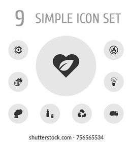 Set Of 9 Ecology Icons Set.Collection Of Energy, Contamination, Dustbin And Other Elements.