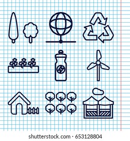 Set of 9 ecology outline icons such as tree, house, energy drink, sprout plants, pergola, recycle, globe