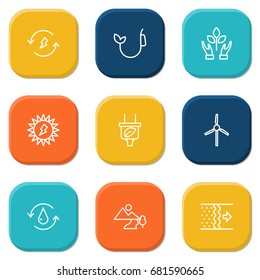 Set Of 9 Ecology Outline Icons Set.Collection Of Nature, Solar, Landscape Elements.