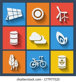 Set of 9 ecology vector web and mobile icons in flat design. Symbols of sun, cloud, trees, bicycle, barrel, leaf, solar cell, wind turbine