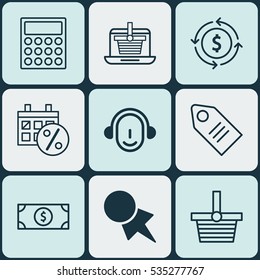 Set Of 9 Ecommerce Icons. Includes Ticket, Finance, Buck And Other Symbols. Beautiful Design Elements.