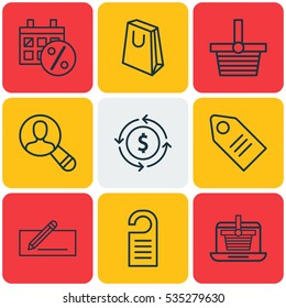 Set Of 9 E-Commerce Icons. Includes Pannier, Money Transfer, Ticket And Other Symbols. Beautiful Design Elements.