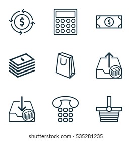 Set Of 9 E-Commerce Icons. Includes Callcentre, Buck, Withdraw Money And Other Symbols. Beautiful Design Elements.