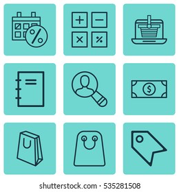 Set Of 9 Ecommerce Icons. Includes Spectator, Calculation Tool, Spiral Notebook And Other Symbols. Beautiful Design Elements.