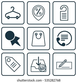 Set Of 9 E-Commerce Icons. Includes Price, Tote Bag, Discount Coupon And Other Symbols. Beautiful Design Elements.