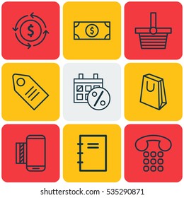 Set Of 9 E-Commerce Icons. Includes Pannier, Spiral Notebook, Finance And Other Symbols. Beautiful Design Elements.