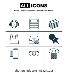 Set Of 9 E-Commerce Icons. Includes Discount Coupon, Callcentre, Tote Bag And Other Symbols. Beautiful Design Elements.