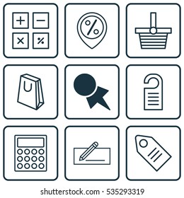 Set Of 9 Ecommerce Icons. Includes Price, Pannier, Calculator And Other Symbols. Beautiful Design Elements.
