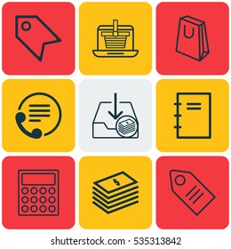 Set Of 9 E-Commerce Icons. Includes Spiral Notebook, Price Stamp, Handbag Symbols. Beautiful Design Elements.