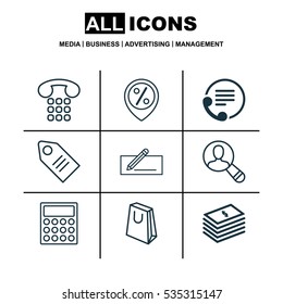 Set Of 9 E-Commerce Icons. Includes Ticket, Handbag, Callcentre Symbols. Beautiful Design Elements.