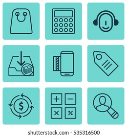 Set Of 9 Ecommerce Icons. Includes Withdraw Money, Tote Bag, Finance And Other Symbols. Beautiful Design Elements.