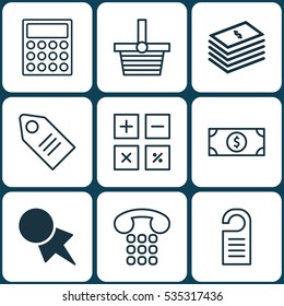 Set Of 9 E-Commerce Icons. Includes Calculator, Discount Coupon, Calculation Tool And Other Symbols. Beautiful Design Elements.