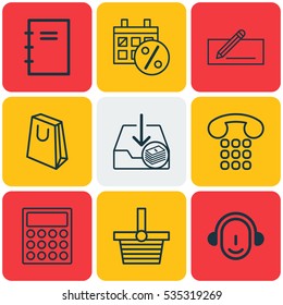 Set Of 9 Ecommerce Icons. Includes Money Transfer, Spiral Notebook, Withdraw Money And Other Symbols. Beautiful Design Elements.