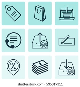Set Of 9 E-Commerce Icons. Includes Money Transfer, Withdraw Money, Outgoing Earnings And Other Symbols. Beautiful Design Elements.