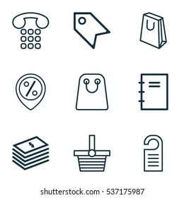 Set Of 9 Ecommerce Icons. Includes Price, Discount Location, Spiral Notebook And Other Symbols. Beautiful Design Elements.