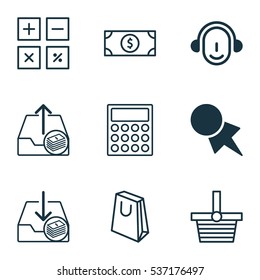 Set Of 9 E-Commerce Icons. Includes Buck, Calculator, Withdraw Money And Other Symbols. Beautiful Design Elements.