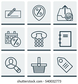 Set Of 9 Ecommerce Icons. Includes Spiral Notebook, Outgoing Earnings, Black Friday And Other Symbols. Beautiful Design Elements.