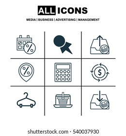 Set Of 9 E-Commerce Icons. Includes Discount Location, Discount Coupon, E-Trade And Other Symbols. Beautiful Design Elements.