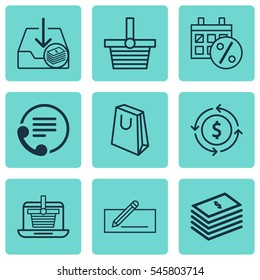 Set Of 9 E-Commerce Icons. Includes Telephone, Finance, Handbag Symbols. Beautiful Design Elements.