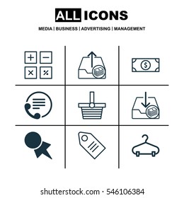 Set Of 9 Ecommerce Icons. Includes Peg, Pannier, Calculation Tool And Other Symbols. Beautiful Design Elements.