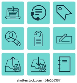 Set Of 9 E-Commerce Icons. Includes Spectator, Telephone, Spiral Notebook And Other Symbols. Beautiful Design Elements.