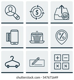 Set Of 9 E-Commerce Icons. Includes Calculation Tool, Outgoing Earnings, Finance And Other Symbols. Beautiful Design Elements.