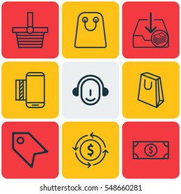 Set Of 9 Ecommerce Icons. Includes Buck, Pannier, Tote Bag And Other Symbols. Beautiful Design Elements.