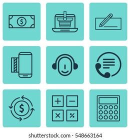 Set Of 9 E-Commerce Icons. Includes Calculator, Calculation Tool, Employee And Other Symbols. Beautiful Design Elements.