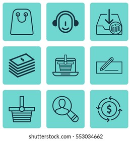 Set Of 9 E-Commerce Icons. Includes Tote Bag, Pannier, Dollar Banknote And Other Symbols. Beautiful Design Elements.