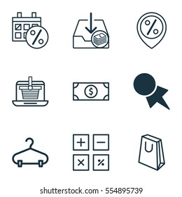 Set Of 9 E-Commerce Icons. Includes Black Friday, Buck, Calculation Tool And Other Symbols. Beautiful Design Elements.
