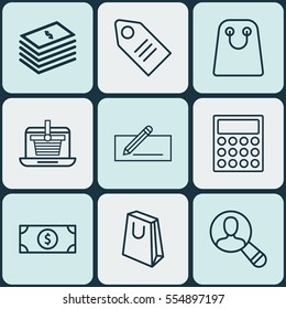 Set Of 9 E-Commerce Icons. Includes Calculator, Ticket, Dollar Banknote And Other Symbols. Beautiful Design Elements.