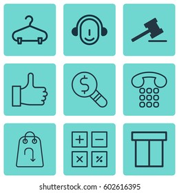 Set Of 9 Ecommerce Icons. Includes Peg, Gavel, Callcentre And Other Symbols. Beautiful Design Elements.