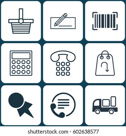 Set Of 9 E-Commerce Icons. Includes Money Transfer, Telephone, Discount Coupon And Other Symbols. Beautiful Design Elements.