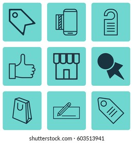 Set Of 9 E-Commerce Icons. Includes Ticket, Price Stamp, Recommended And Other Symbols. Beautiful Design Elements.