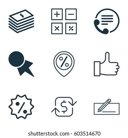 Set Of 9 Ecommerce Icons. Includes Recurring Payements, Calculation Tool, Dollar Banknote And Other Symbols. Beautiful Design Elements.