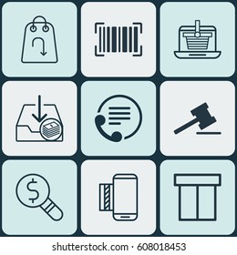 Set Of 9 E-Commerce Icons. Includes Identification Code, Withdraw Money, Box And Other Symbols. Beautiful Design Elements.