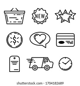 Conjunto de 9 iconos de comercio electrónico y compras web en línea. Ilustración vectorial.