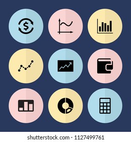 Set of 9 economy filled icons such as line graph, pie chart, graph, calculator, wallet, money exchange