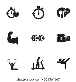Set Of 9 Editable Active Icons. Includes Symbols Such As Barbell, Health Time, Acrobatics And More. Can Be Used For Web, Mobile, UI And Infographic Design.