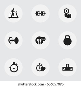 Set Of 9 Editable Active Icons. Includes Symbols Such As Stopwatch, Heavy Training, Jogging And More. Can Be Used For Web, Mobile, UI And Infographic Design.