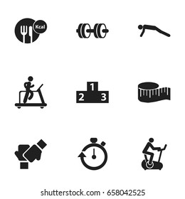 Set Of 9 Editable Active Icons. Includes Symbols Such As Barbell, Gauntlet, Healthy Food And More. Can Be Used For Web, Mobile, UI And Infographic Design.