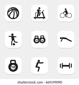Set Of 9 Editable Active Icons. Includes Symbols Such As Football, Workout, Basket Play And More. Can Be Used For Web, Mobile, UI And Infographic Design.