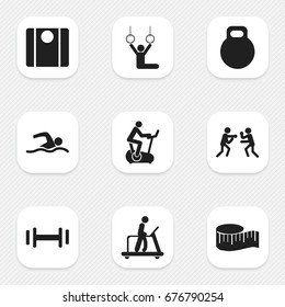 Set Of 9 Editable Active Icons. Includes Symbols Such As Fight, Acrobat, Executing Running And More. Can Be Used For Web, Mobile, UI And Infographic Design.