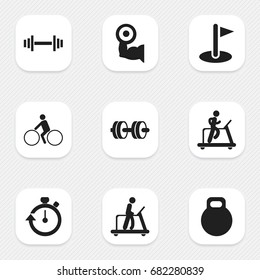 Set Of 9 Editable Active Icons. Includes Symbols Such As Barbell, Crossbar, Executing Running And More. Can Be Used For Web, Mobile, UI And Infographic Design.